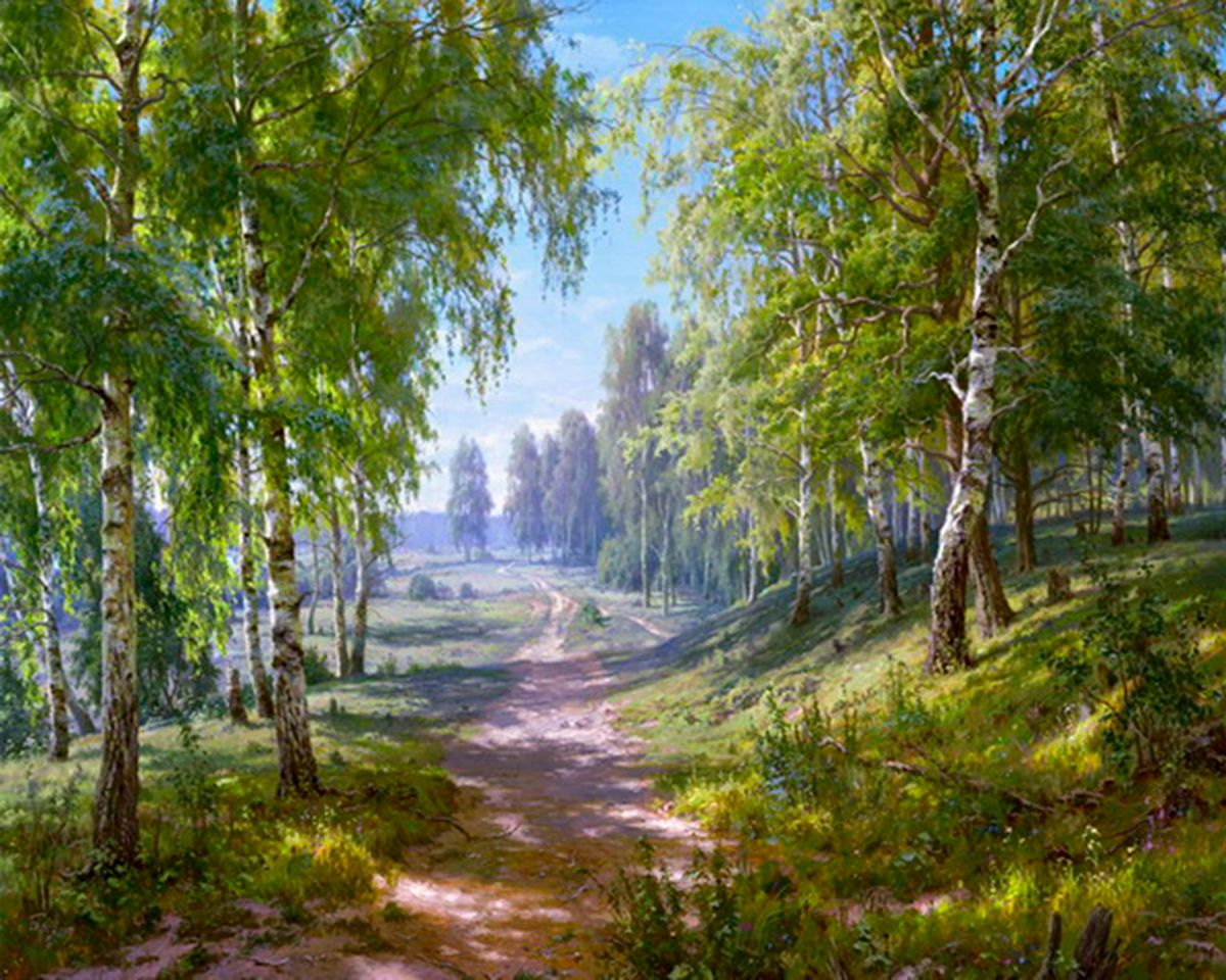 Алмазная мозаика круглыми стразами 40x50 Берёзовая роща (худ. Басов С.)