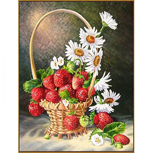 Алмазная мозаика «Корзинка с ромашками и клубникой», 20×26см, 27 цветов