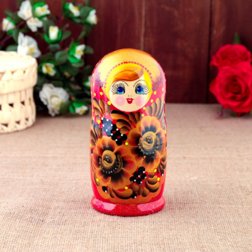 Матрёшка «Золотые цветы», красное платье, 5 кукольная, 15 см