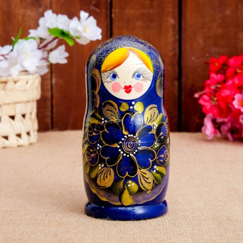 Матрёшка «Золотые цветы», синий платок, 5 кукольная, 15 см, люкс