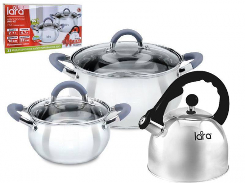 Купить Набор посуды 3пр (2,7+4,7л+чайник 2,5л) стеклянные крышки LARA Bell