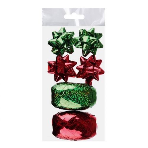 Набор для упаковки подарка, 2 ленты и 4 бантика, красный и зеленый цвета