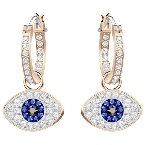 SWAROVSKI SYMBOLIC EVIL EYE HOOP PIERCED EARRINGS, MULTI-COLORED, ROSE-GOLD TONE PLATED