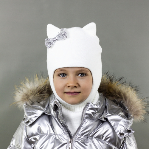 Шлем зимний (вязка) трехслойный Кошка с бантиком, белый