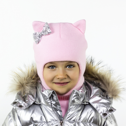 Шлем зимний (вязка) трехслойный Кошка с бантиком, розовый