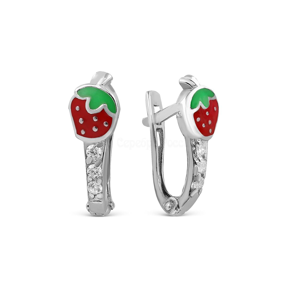 Серьги детские из серебра с эмалью и фианитами родированные - Клубнички 925 пробы 2313055