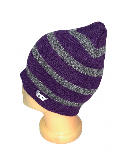 Фиолетовая шапка в серую полоску  №110