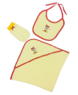 комплект для купания (полотенце, варежка, нагрудник) св.желтый (с бантиками для девочки)