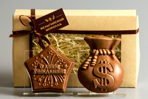 Шоколадные фигурки 2в1 «С днём рождения 2 + Мешочек с долларами»