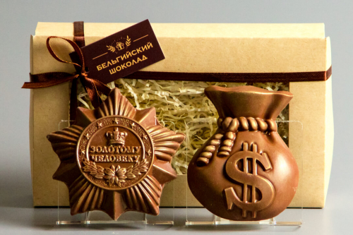 Шоколадные фигурки 2в1 «Золотому человеку + Мешочек с долларами»