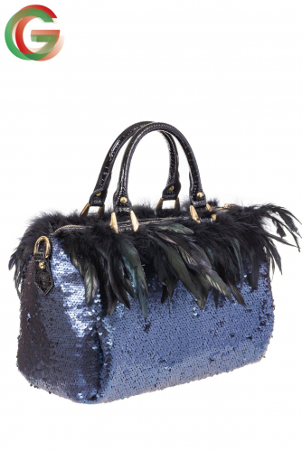 Женская сумка с пайетками и перьями, цвет синий