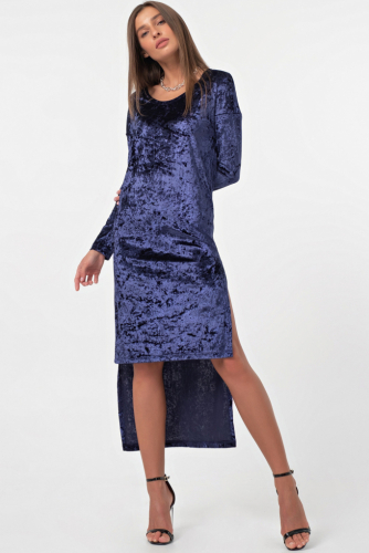 Платье нарядное бархатное с разрезами по бокам темно-синее