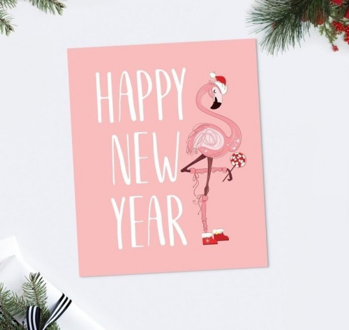 4419108 Открытка-карточка Happy New Year фламинго, 8.8 × 10.7 см