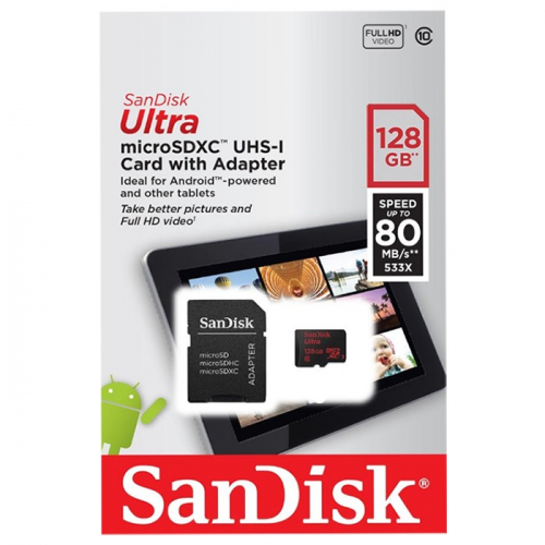 Карта памяти MicroSD SanDisk 128GB class 10 Ultra Android UHS-I (80 Mb/s) с адаптером SD