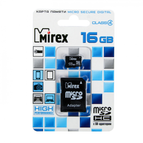  Карта памяти MicroSD Mirex 16GB class 4 с адаптером