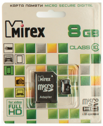 Карта памяти MicroSD Mirex 8GB class 4 c адаптером
