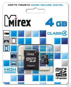  Карта памяти MicroSD Mirex 4GB class 4 с адаптером