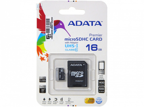 Карта памяти MicroSD A-Data 16GB class 10 Premium UHS-I с адаптером SD