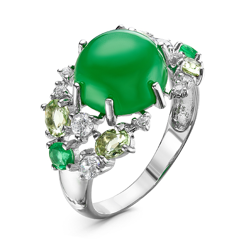 Кольцо из серебра с кварцем зеленый агат, празиолит и фианитами родированное