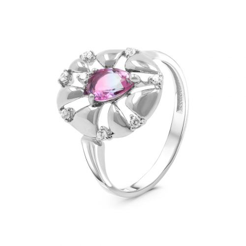 Кольцо из серебра с пл. кварцем цв. мистик розовый и фианитами родированное