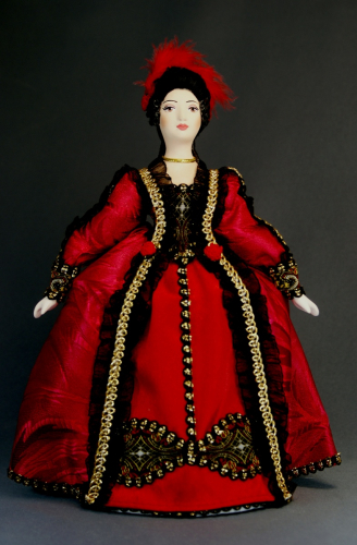 Кукла сувенирная фарфоровая. Светский костюм с красным эспри. Нач.18 в.