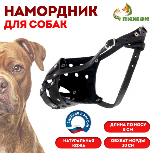 Намордник кожаный цельнокроенный питбультерьер, ДН 8 см, ОМ 30 см, чёрный