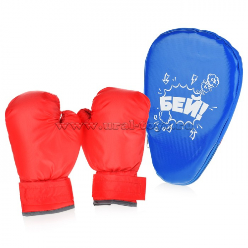 Набор для бокса: лапа боксерская 27х18,5*4 см. с перчатками. Синий+красный с рисунком 