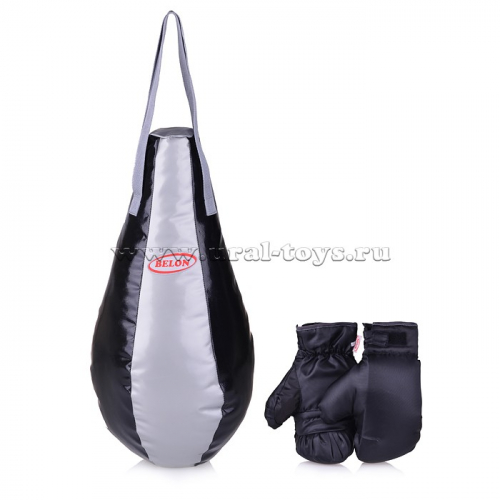 Набор для бокса груша каплевидная 55 см х Ø28 см+перчатки. Цвет серебристый+черный