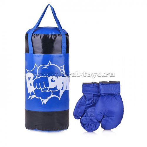 Набор для бокса: груша 50 см х Ø20 см. (тент) с перчатками. Цвет синий+черный. Принт 