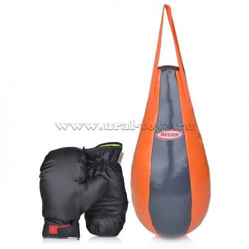 Набор для бокса груша каплевидная 55 см х Ø28 см+перчатки. Цвет т.серый+оранжевый