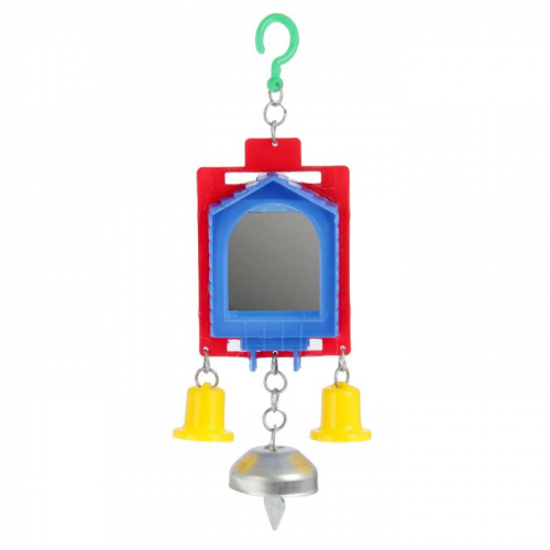 Игрушка для птиц зеркало двойное с металлическим и пластиковыми колокольчиками №2,  микс