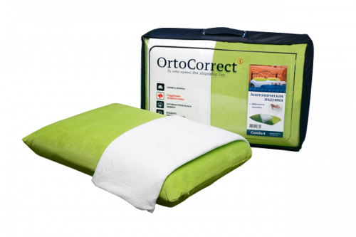 Анатомическая подушка OrtoCorrect с эффектом памяти Comfort  (две наволочки:велюр цвет  фисташка+белая алое)