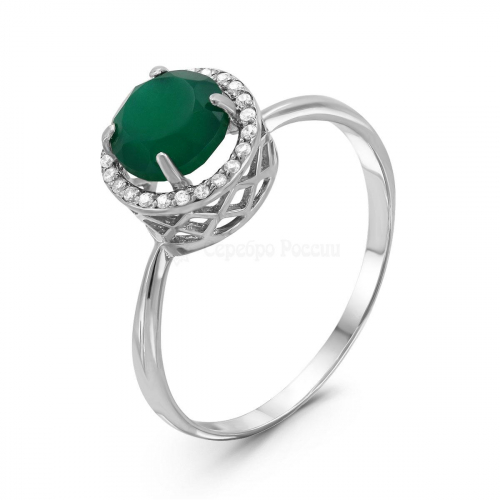 Кольцо из серебра с нат.зелёным агатом и фианитами родированное Г1-2945-001р458