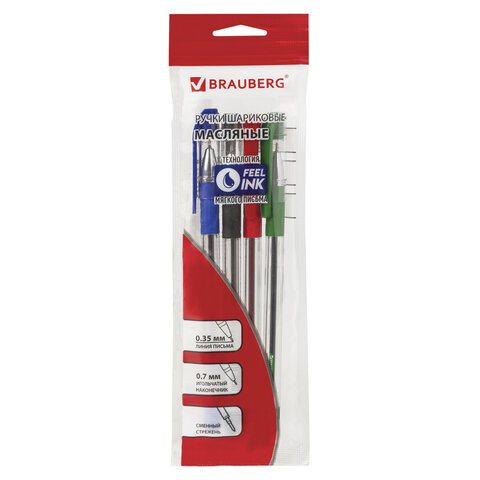 245-b895619p Ручки шариковые масляные BRAUBERG, набор 4 шт., “Max-Oil“, узел 0,7 мм, линия 0,35 мм, (синяя, черная, красная, зеленая), 142146