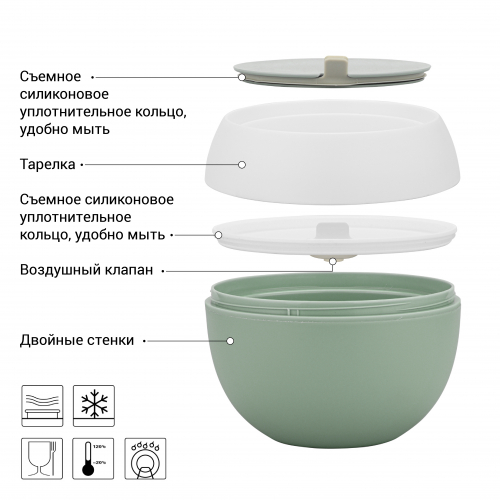 Ланч-бокс круглый 14.8x14.8x12.1см/800мл, цвет Зеленый (пластик)