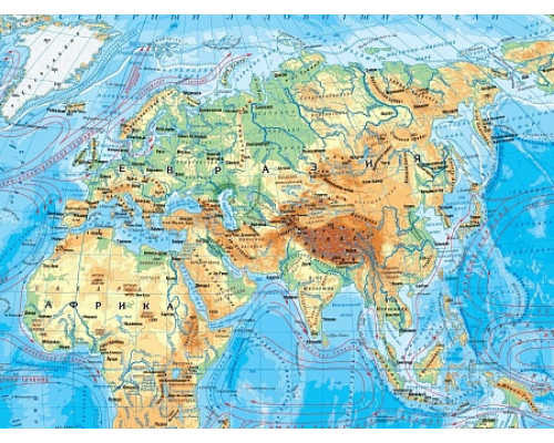 Размер 58х41 см., Настольная физическая карта мира односторонняя ( 55,3 млн) 58х41см.