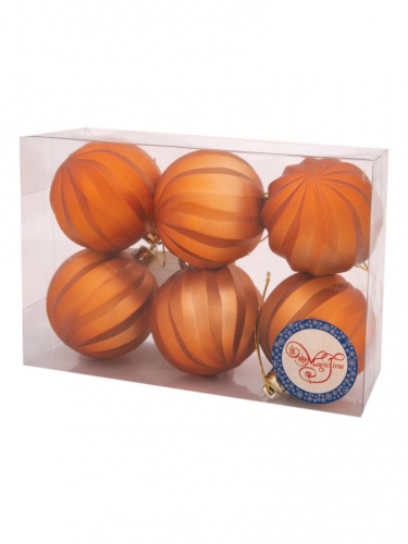 Новогоднее подвесное украшение Шары оранжевые из пластика, размер 6 см (набор из 6ти шт) / 17,4х11,6х5,8см арт.78793