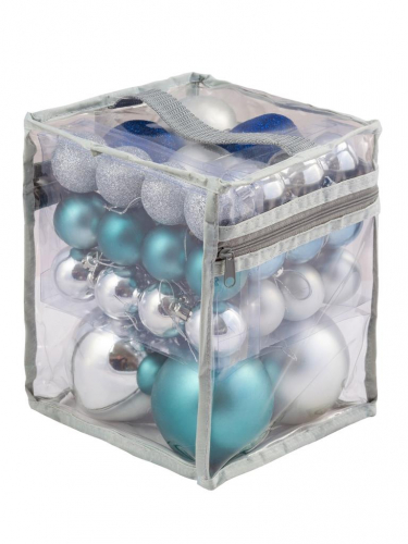 Новогоднее подвесное украшение Ассорти синее, серебряное из полистирола (набор из 33х шт. Шар 8 см - 4 шт, шар 6 см - 8 шт, шар 4 см - 21 шт ) /  15.6х15.6х19.5см арт.81052