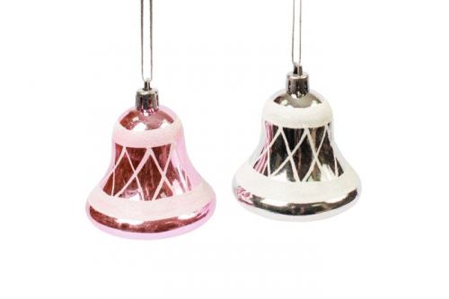 Новогоднее подвесное украшение Колокольчики серебро и розовый из пластика (полистирол), длина 6см, набор из 2 шт. / 15X16X6см арт.79309