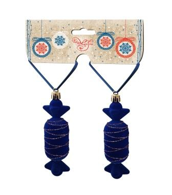 Новогоднее подвесное украшение Конфеты синий бархат из полистирола, набор из 2 шт / 11,5x3,5x3,5см арт.81887