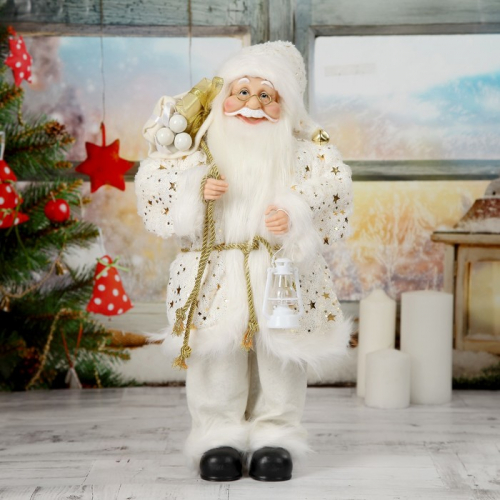 Дед Мороз в белой звёздной шубке с фонариком 45 см