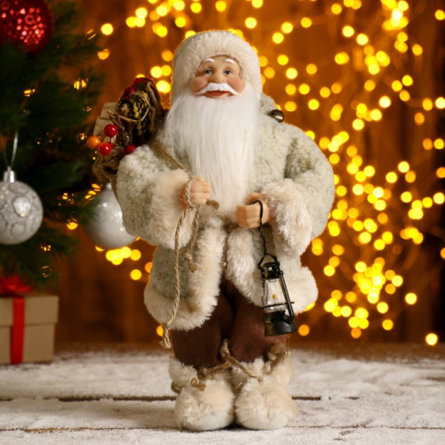 Дед Мороз в белой шубке с фонариком и мешком 30 см