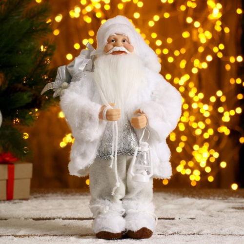 Дед Мороз в белой шубке с фонариком и подарками 30 см