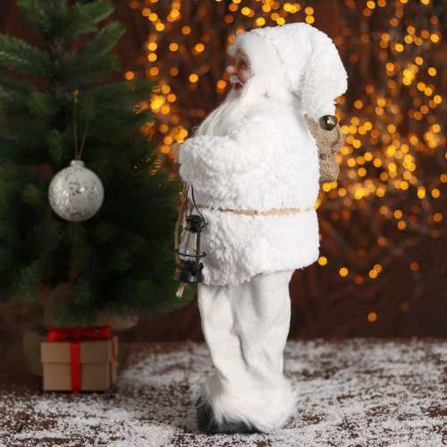 Дед Мороз в белой шубке с фонариком 43 см