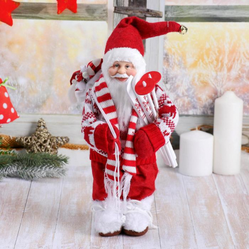 Дед Мороз в вязаном костюме с лыжами и мешком 30 см