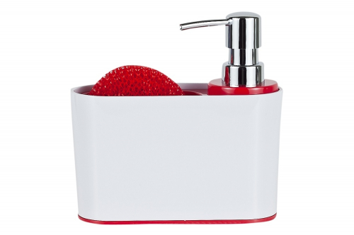 SIENNA Кухонный дозатор пластиковый для моющих жидкостей с отделением для губки и губкой (красный)