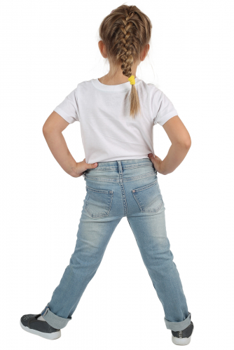 Голубые детские джинсы для девочки – стойкий термотрансфер кошечка №535