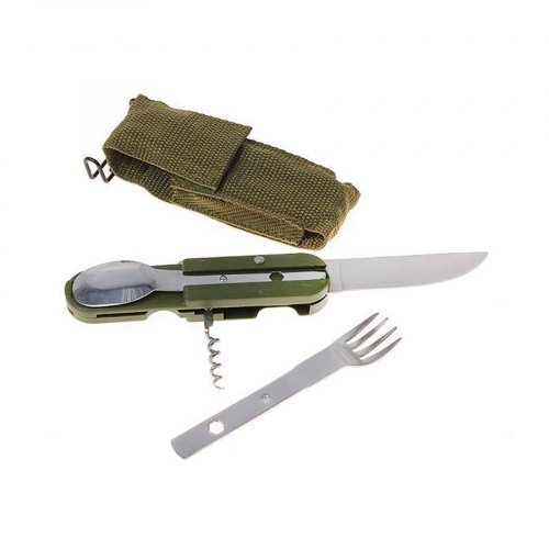 Набор походный раскл. (5 предм) вилка,нож,ложка,штопор,консервный нож-в чехле на пояс(607) (86-009)