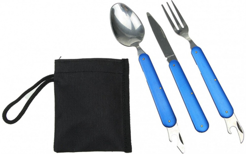 Набор для похода, складные ложка, вилка, нож, алюм. ручка, цв. синий  (86-006)