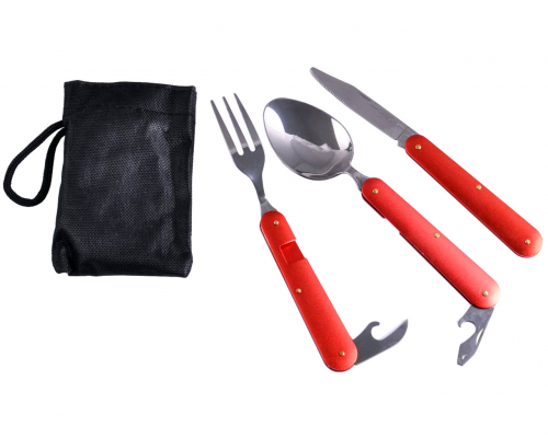 Набор для похода, складные ложка, вилка, нож, алюм. ручка, цв. красный  (86-006)
